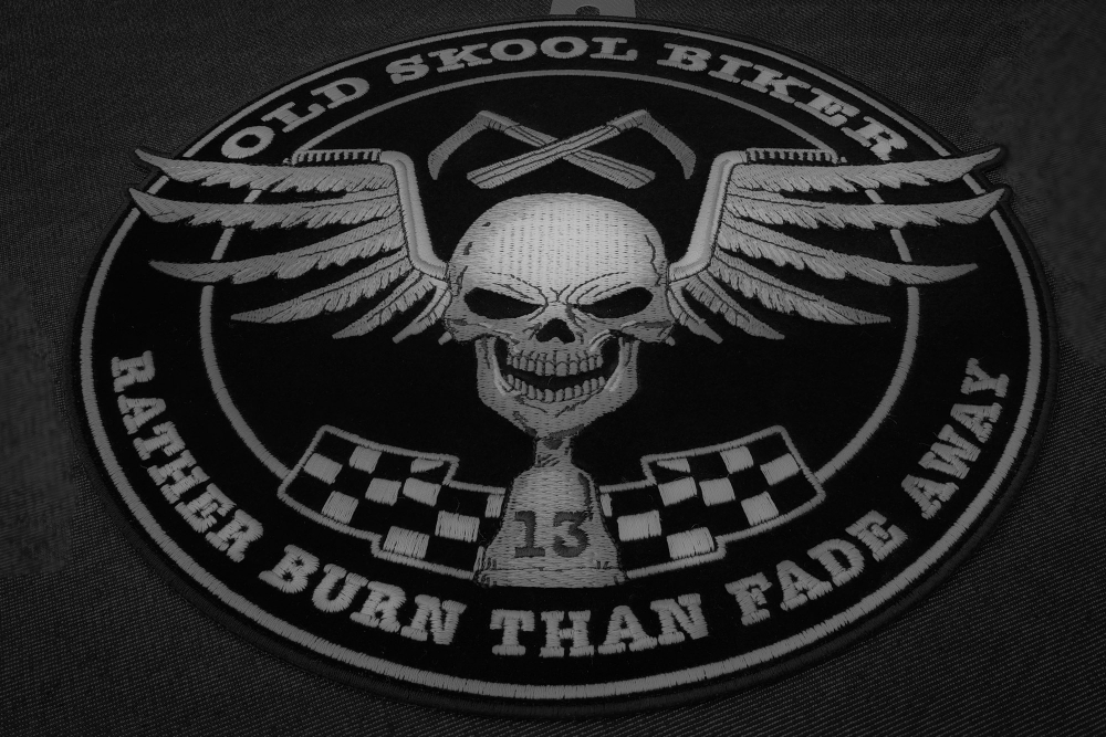 Old Skool Biker Skull Rather Burn Than Fade Away Patch