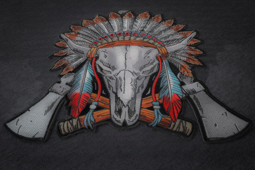 Steer Skull Feathers and Axes Patch